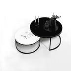 2 Round Tea Table Coffee Table Desk Sets | Black & White - Twin Sets Multi Function Wood & Steel Living Room Home Decor Polished Surface Overlapping Ending Tables Cocktail Table
