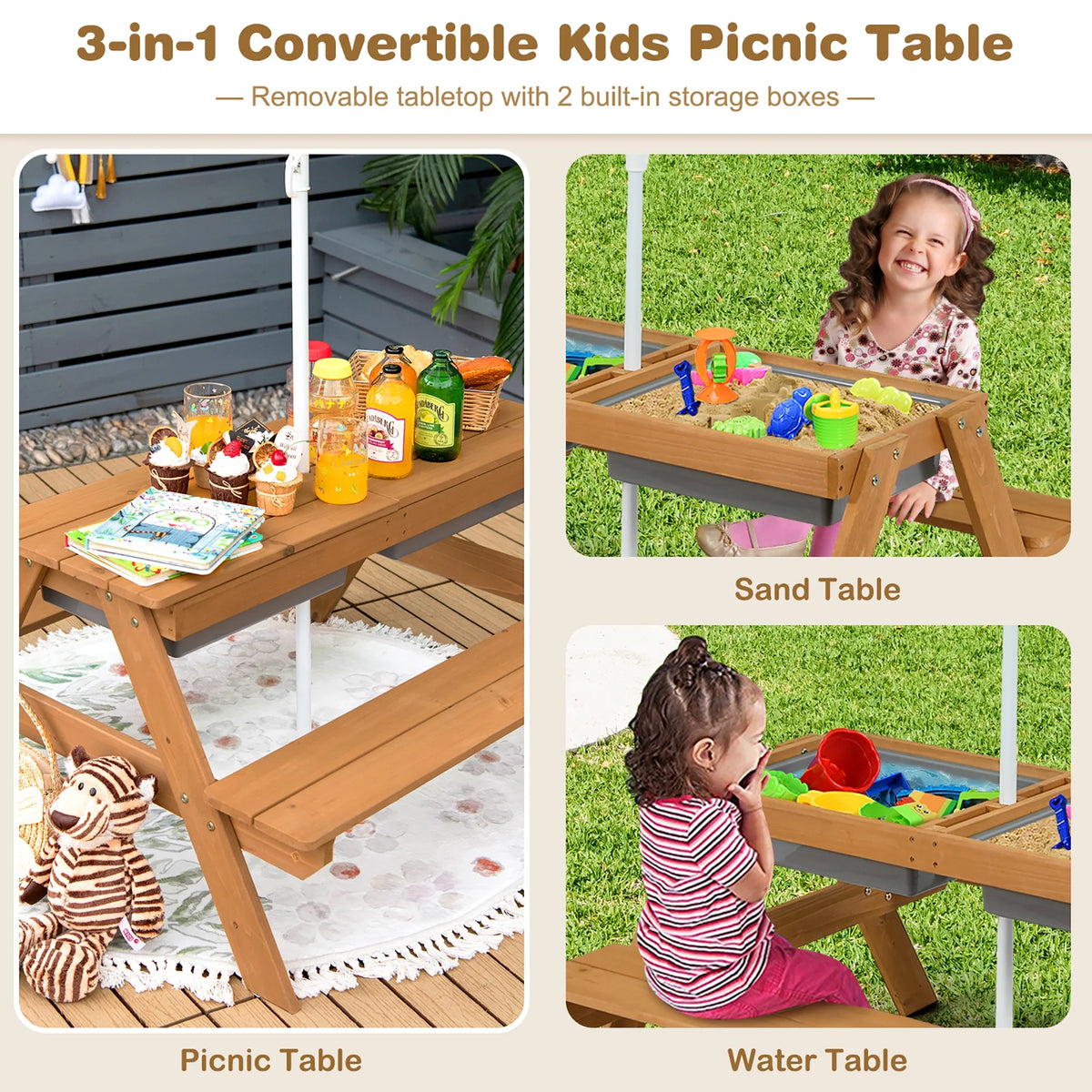 Costway 3-in-1 Kids Picnic Table Wooden Outdoor Sand & Water Table with Umbrella Play Boxes Green