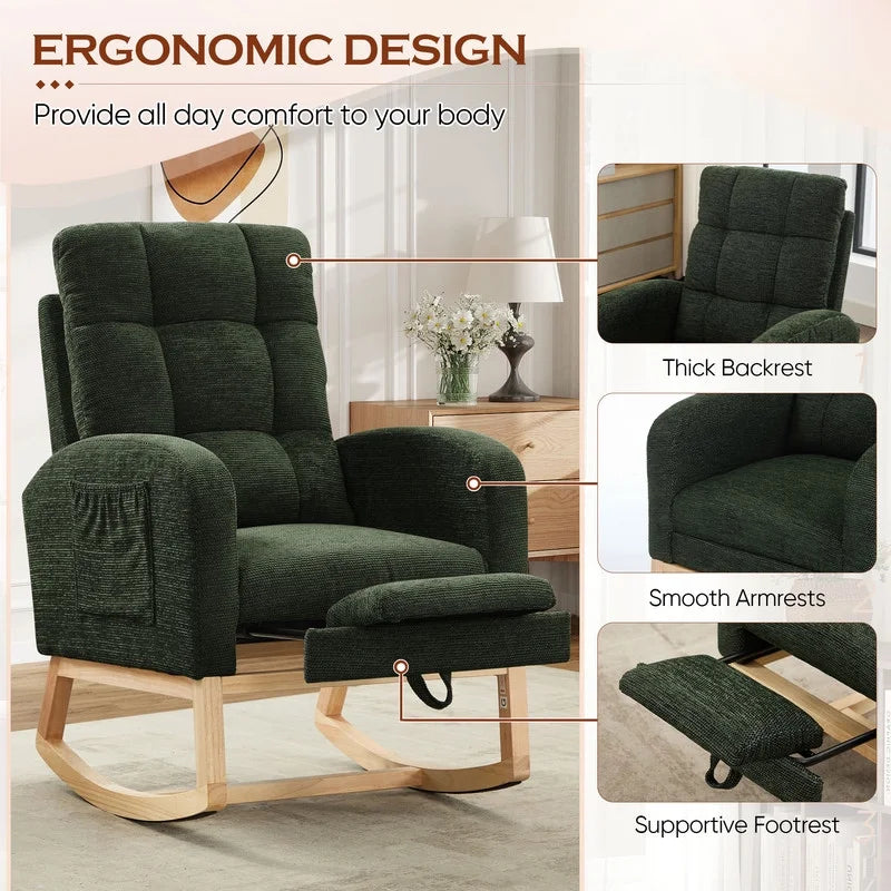FFH Rocking Chair Nursery, Tufted Accent Rocker Chair, Upholstered Armchair with Adjustable Footrest, Side Pocket, High Backrest, Padded Seat, Polyester Blend (Retro, Dark Gray)