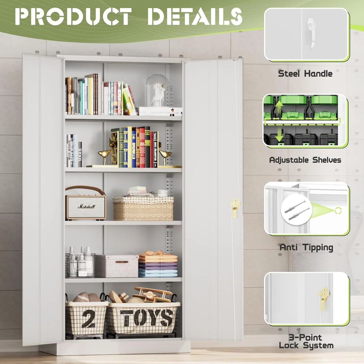 SUNCROWN 72" Metal Storage Cabinet - Heavy-Duty Metal Garage Cabinet with 4 Adjustable Shelves & 2 Doors for Tools, Office, Home, Workshop,White-Small