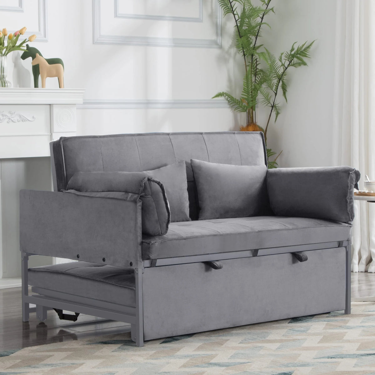 Gewnee 55'' Modern Convertible Velvet Sofa Bed with Pull-Out Twin Bed, Adjustable Backrest for Living Room, Office (Dark Gray)