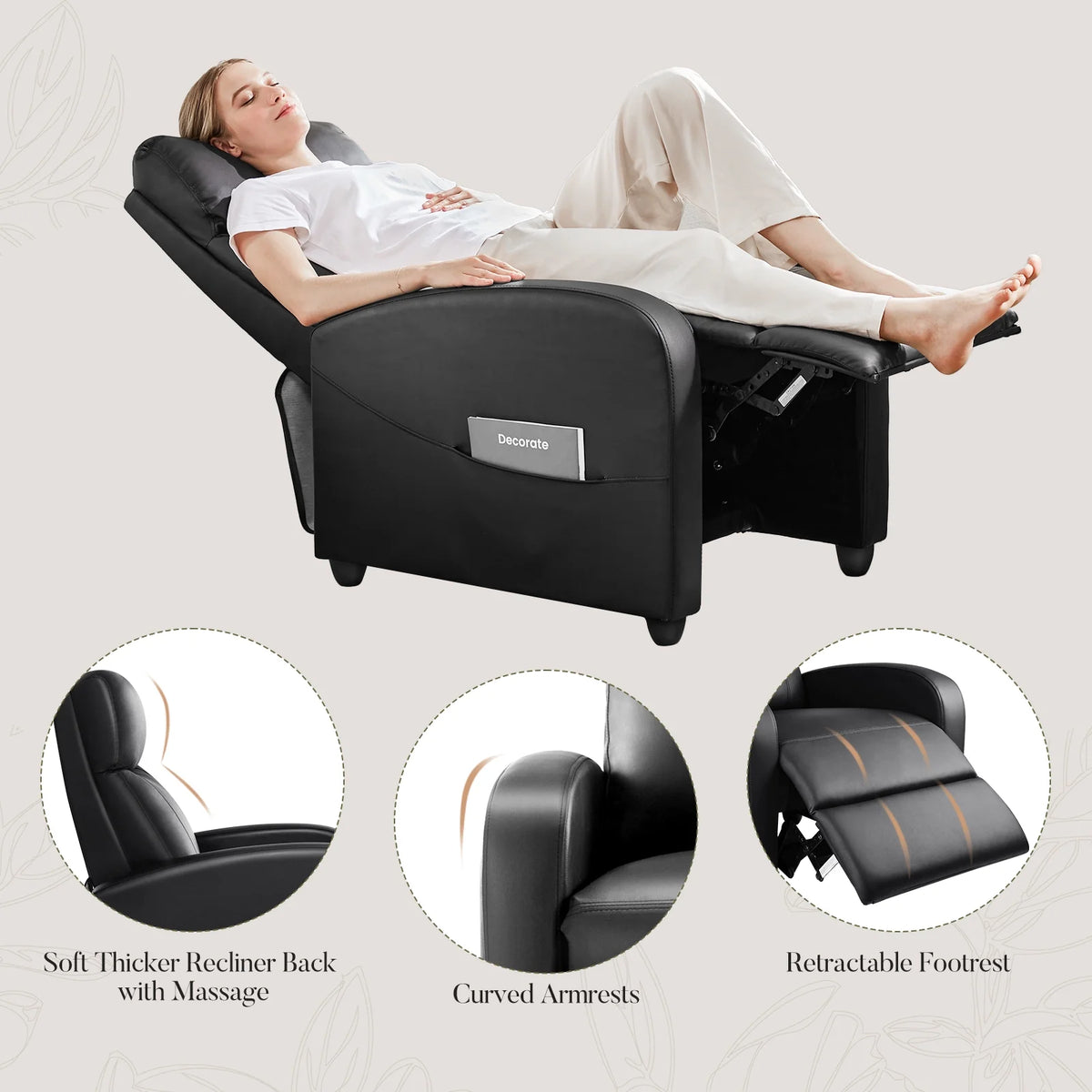 CONCETTA Massage Recline Chair with Padded Seat and Massage Backrest, Black