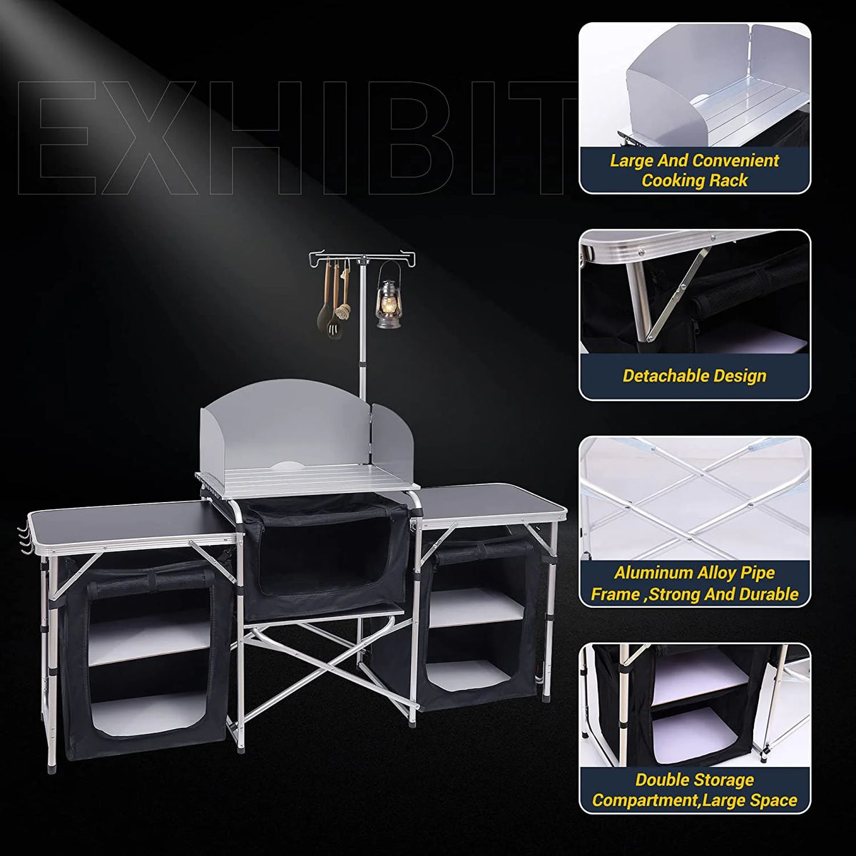 C Camping Kitchen Table, Folding Table, Upgrade Light Stand and Windshield Cooking Station & 3 Organizers, Carry Bag for Outdoor, Beach, BBQ, Picnic, Cooking, Indoor, Office
