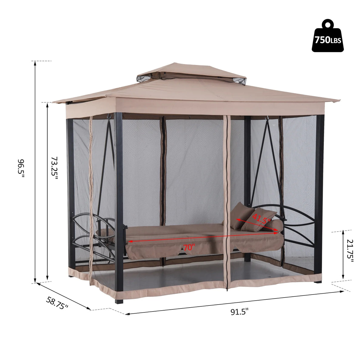 Outsunny 3 Person Patio Swing Chair, Gazebo Swing with Double Tier Canopy, Cushioned Seat, Mesh Sidewalls, gray