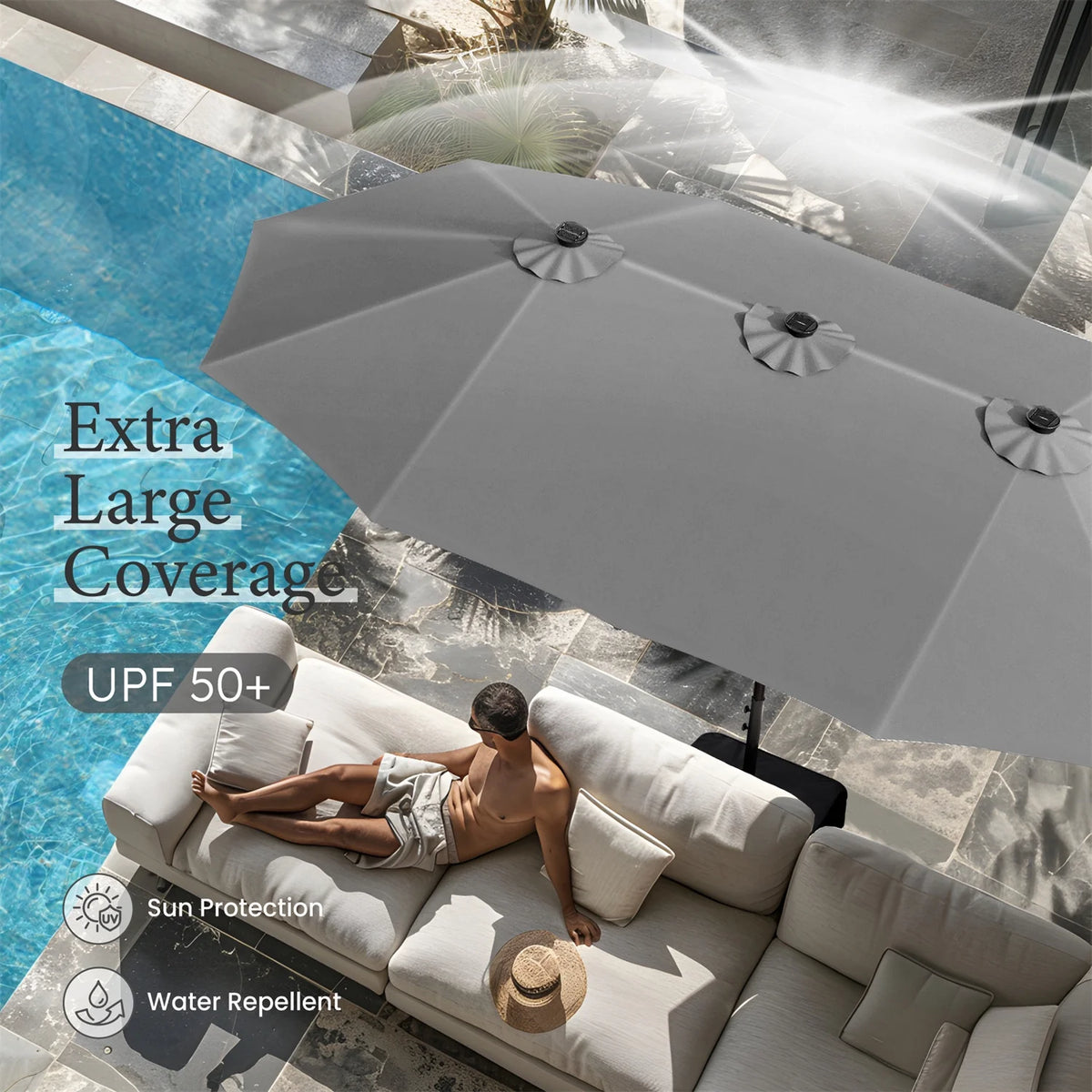 Summit Living 15 FT Double-Sided Solar Patio Umbrella with Base Large Outdoor Umbrella with LED Solar Lights - Haze Blue
