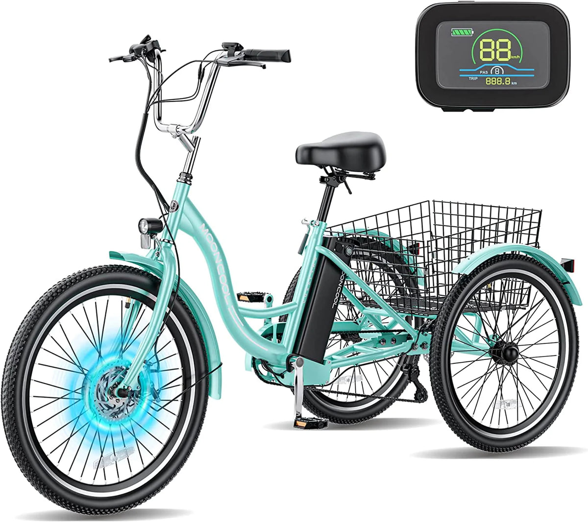 MOONCOOL 350W Motorized Electric Trike, 7 Speed 3 Wheel Electric Bicycle with 36V 10Ah Lithium Battery UL Certified, 24" Electric Tricycle for Adults with Rear Basket