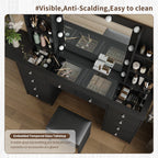 Yanosaku Vanity With Power Outlet, Vanity Desk With Mirror And 10 LED Lights, 10 Drawers Makeup Vanity With 6 Shelves, Fold-Up Panel, Vanity Table With Chair For Bedroom