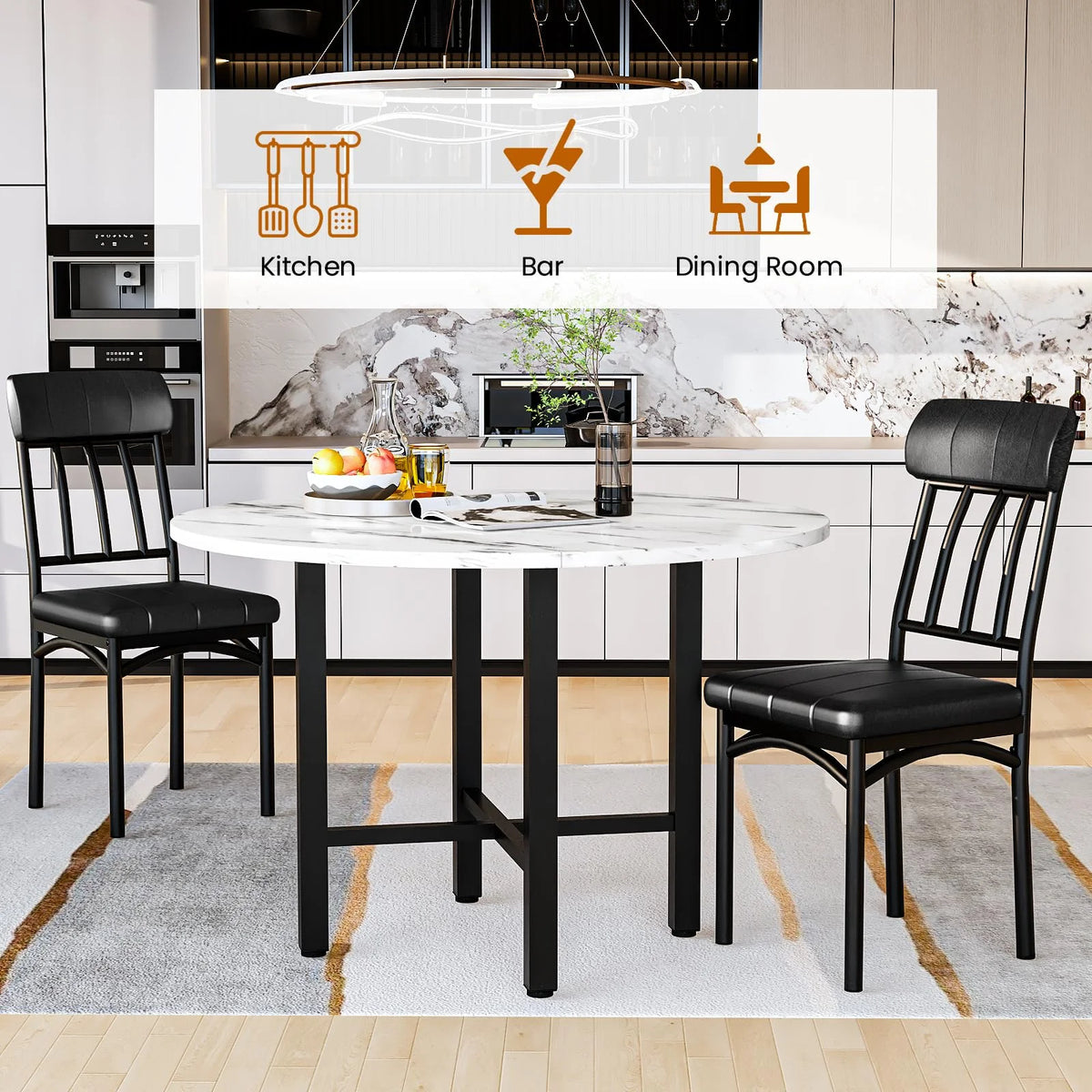 Furlinkhm Round Dining Table Set for 4, Wood Round Kitchen Table and Chairs Set for 4, Modern Dining Room Table Set with 4 Faux Leather Chairs, Round Dinner Table for Small Space, Walnut