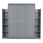 Aukfa Queen Size Murphy Bed with 5-Tier Storage Shelf & LED Lights, Foldable Wall Bed Cabinet with Mattress Support, Space-Saving Design for Guest Room/Home Office, Gray