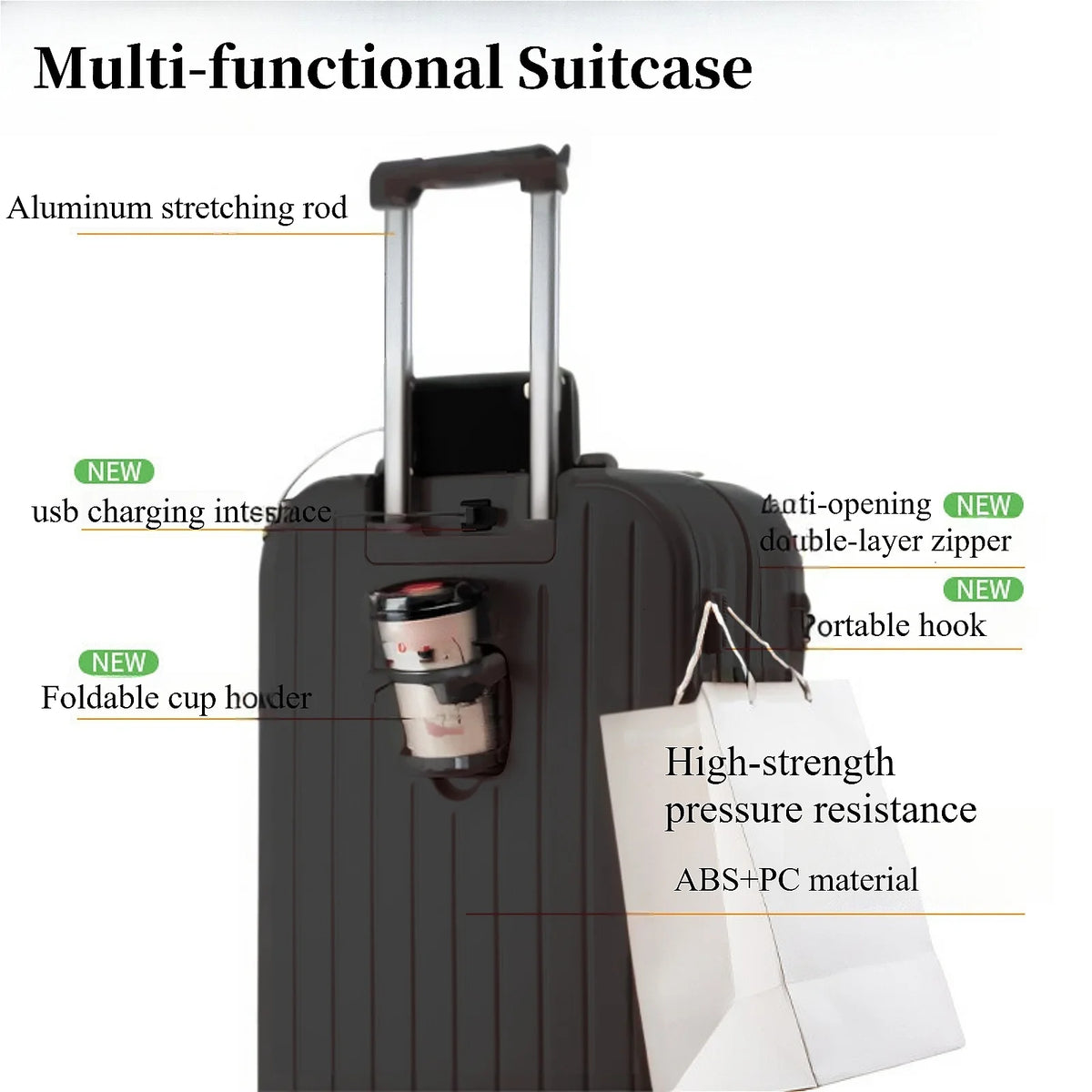 20" Expandable Luggage with Spinner Wheels+UBS+Cup Holder+Side Hooks ,ABS+PC,Multifunctional Suitcases with Wheels(BLUE)