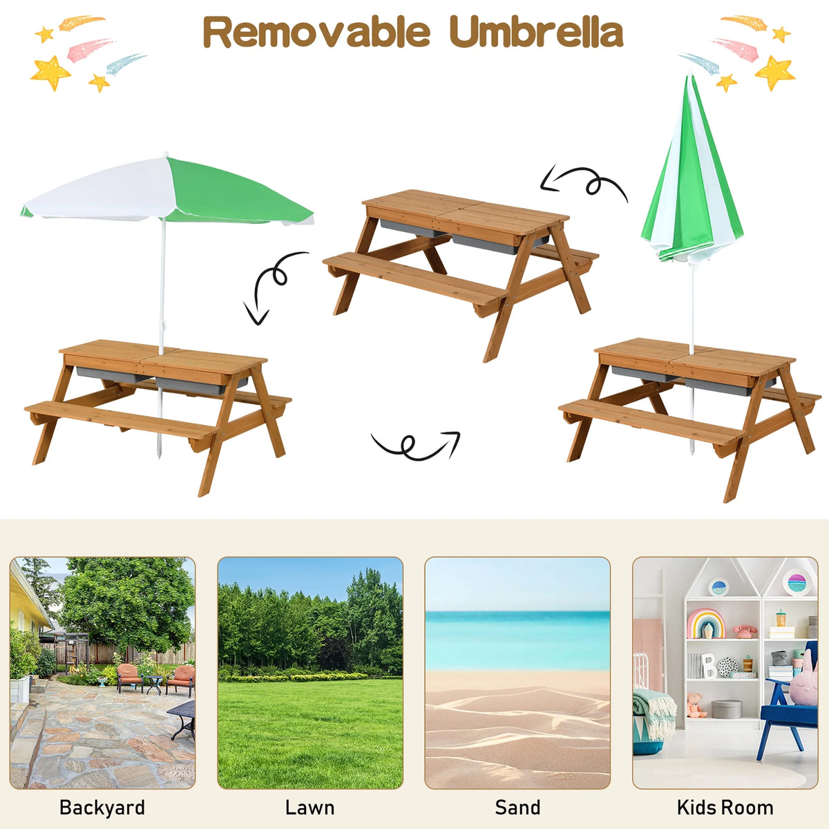 Costway 3-in-1 Kids Picnic Table Wooden Outdoor Sand & Water Table with Umbrella Play Boxes Green