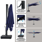 Boyel Living Cantilever Outdoor Patio Umbrellas, with Bluetooth Ambient Light & Base, Offset Square Umbrella for Pool Deck Garden Backyard, Navy Blue