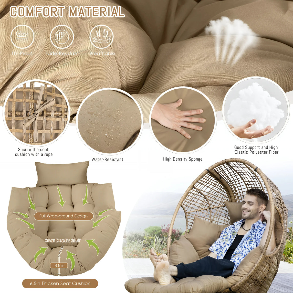 RADIATA 440 lbs Outdoor Egg Chair with Foot Rest & Ottoman, Wicker Patio Egg Chair for Indoor or Garden,Beige
