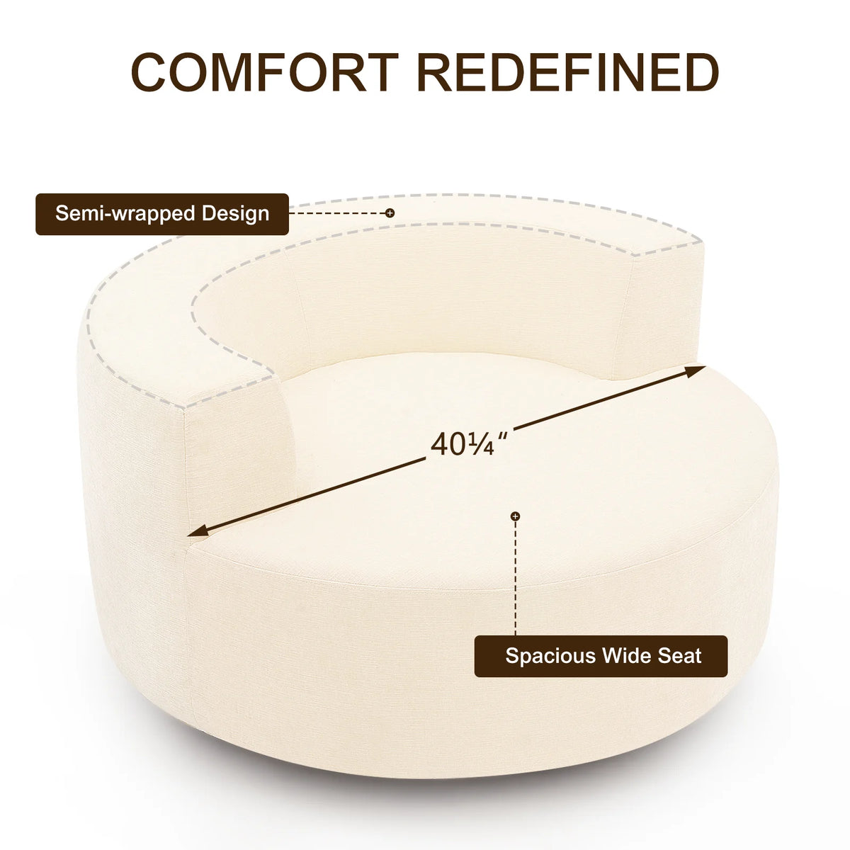 Fumahaus Upholstered Swivel Accent Chair, Oversized Comfy Round Sofa Chair with Two Pillows, Leisure Sofa Chair for Living Room Bedroom, Beige