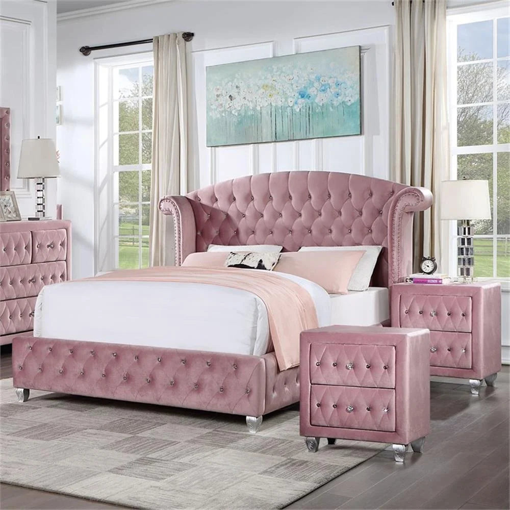 FOA Cyndi 3pc Pink Fabric Bedroom Set- Full + 2 Nightstands and Care Kit