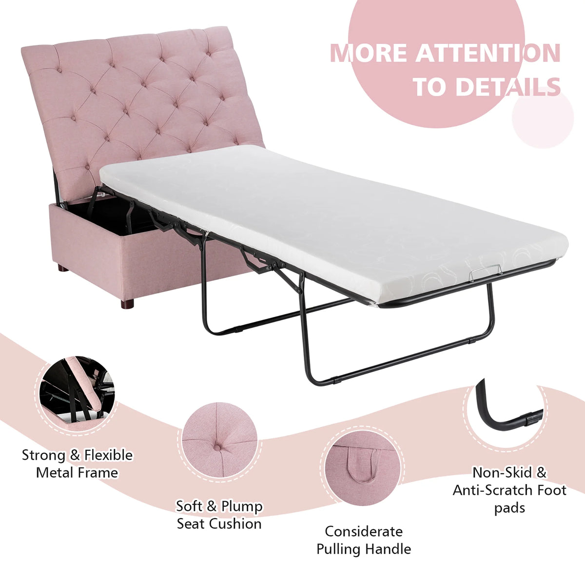 Costway Modern Solid Wood Folding Beds with Ottoman, Grey