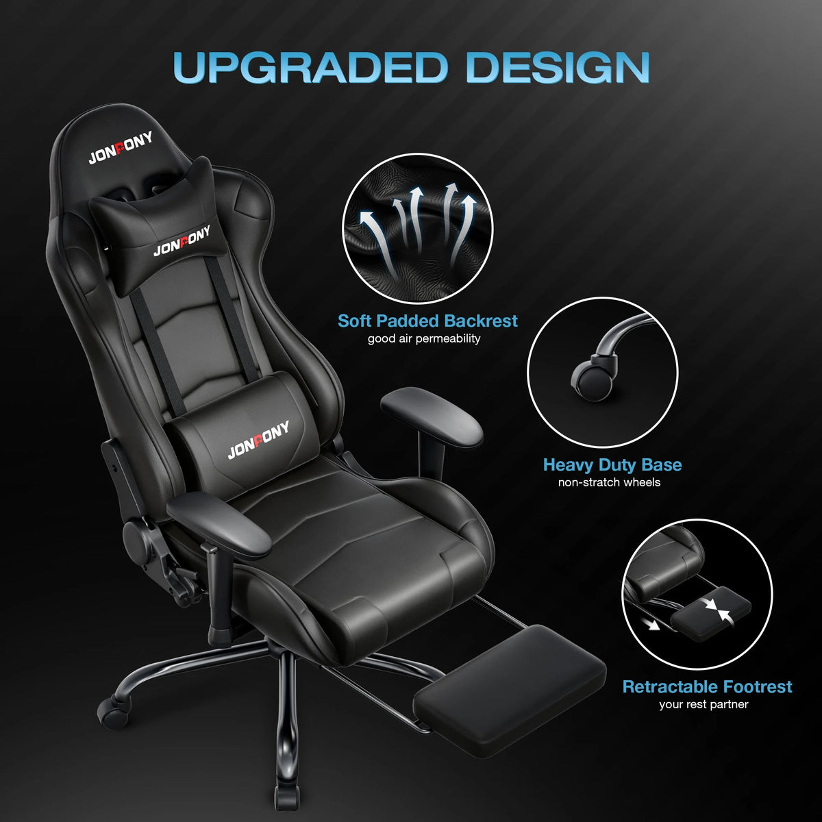 JONPONY Big and Tall 500LBS Gaming Chair, Ergonomic Design, Gamer Chair PU Leather with Footrest and Lumbar Support, High Back Office Chair Support 8 Hours Long Sitting,Red Computer Chair,Red