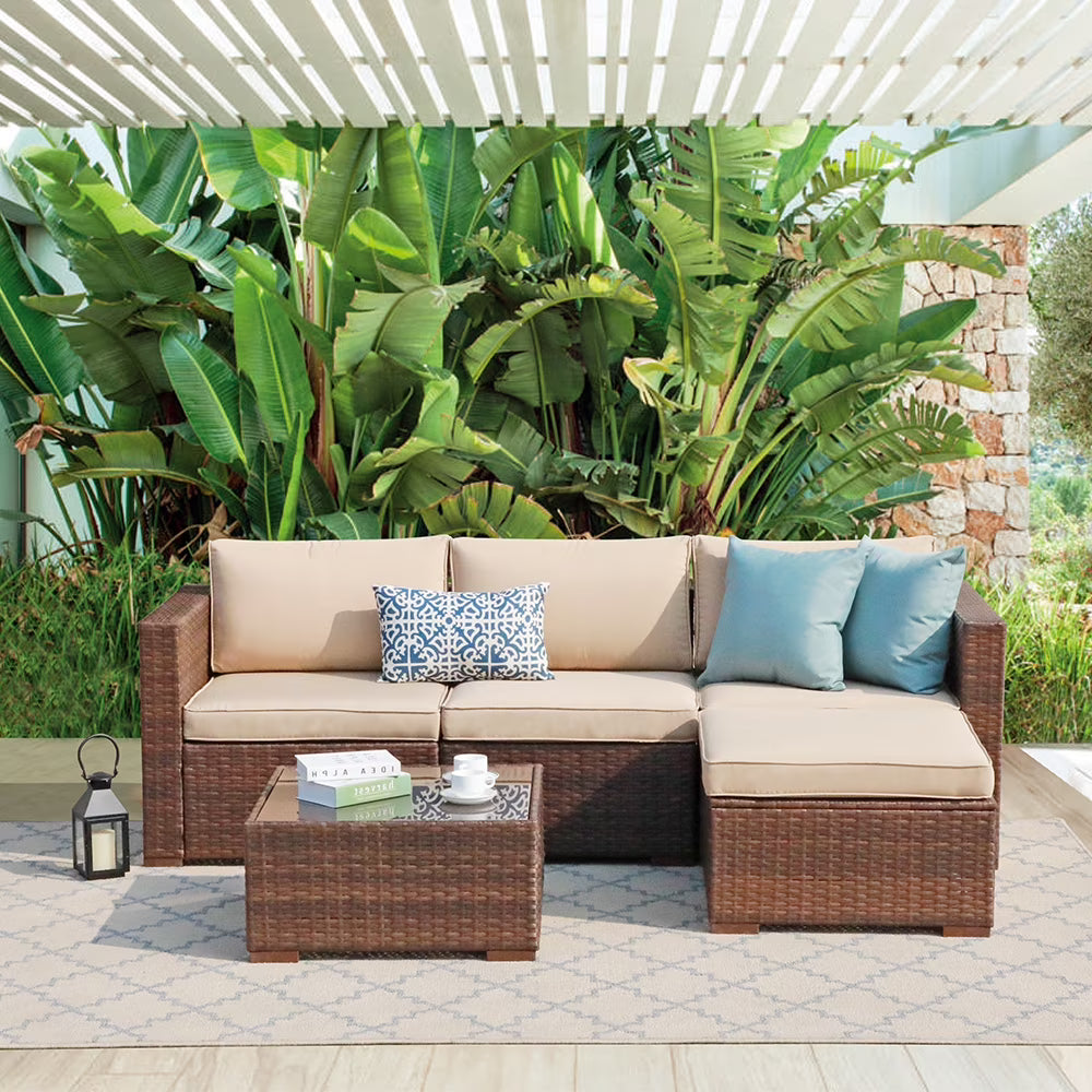 Patiorama 5-Piece Patio Furniture Set, Outdoor Sectional Conversation Set, All-Weather Grey PE Wicker with Light Grey Cushions, Backyard Porch Garden