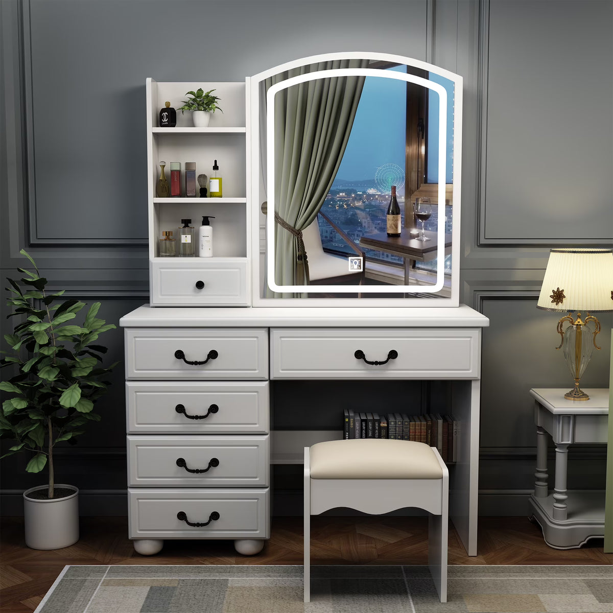Wohh MDF Makeup Vanity with LED Mirror, Dressing Table and 5 Drawers, White