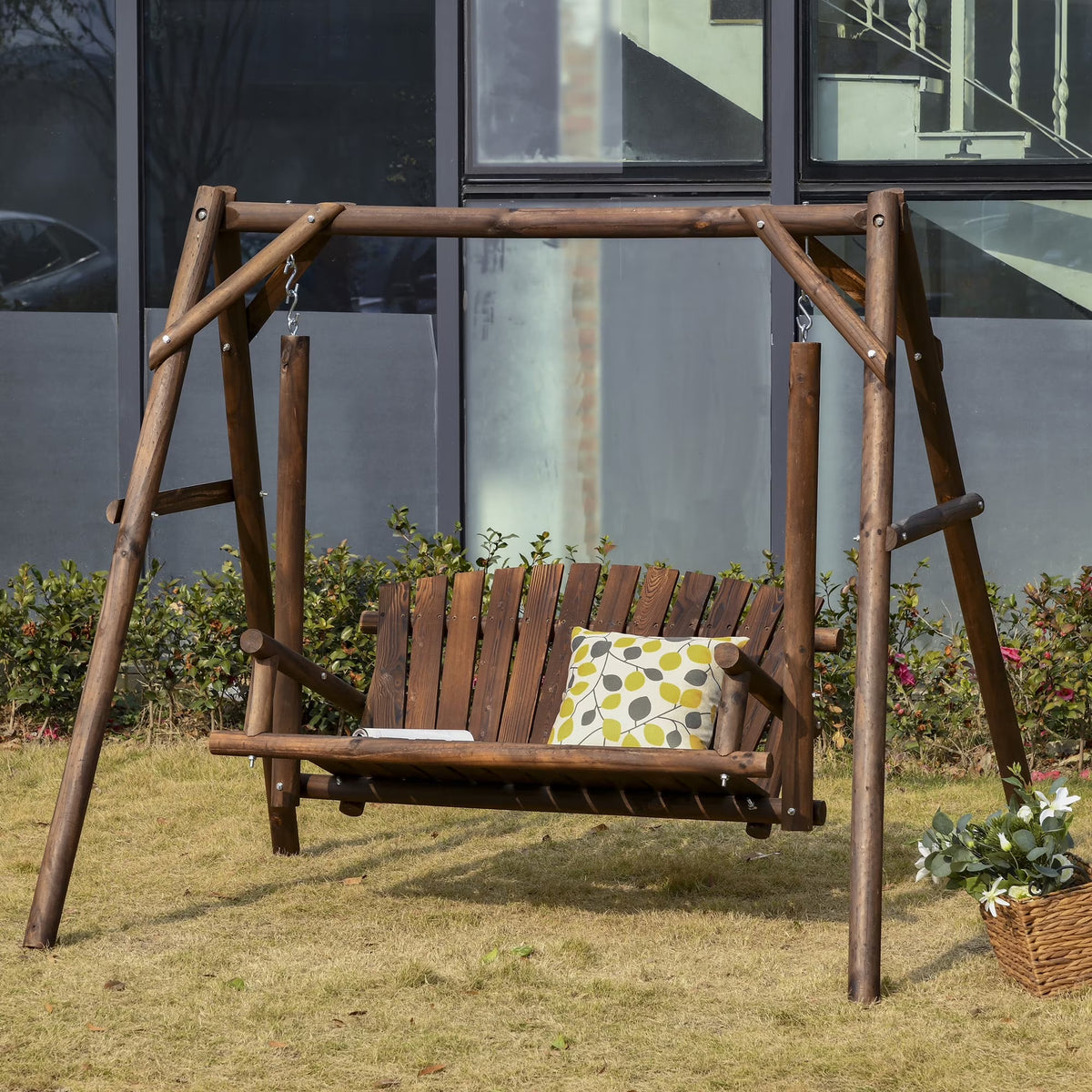 Outsunny Wooden Swing Bench, Garden Swing Chair, Brown