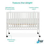 Dream On Me Quinn Full-Size Folding Crib. Removable Wheels. Modern Nursey. Adjustable Mattress Support. Patent Folding System in White