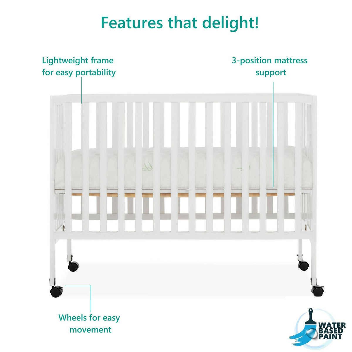Dream On Me Quinn Full-Size Folding Crib. Removable Wheels. Modern Nursey. Adjustable Mattress Support. Patent Folding System in White