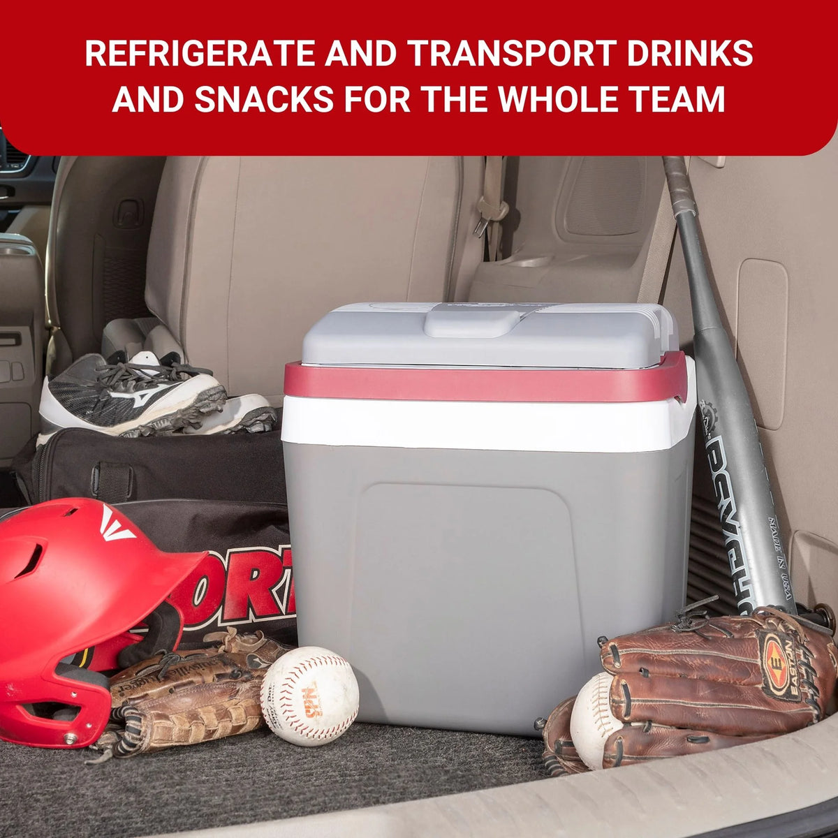 Koolatron 12V Electric Cooler 24L (26 qt), Self-Locking Handle, Gray/Red
