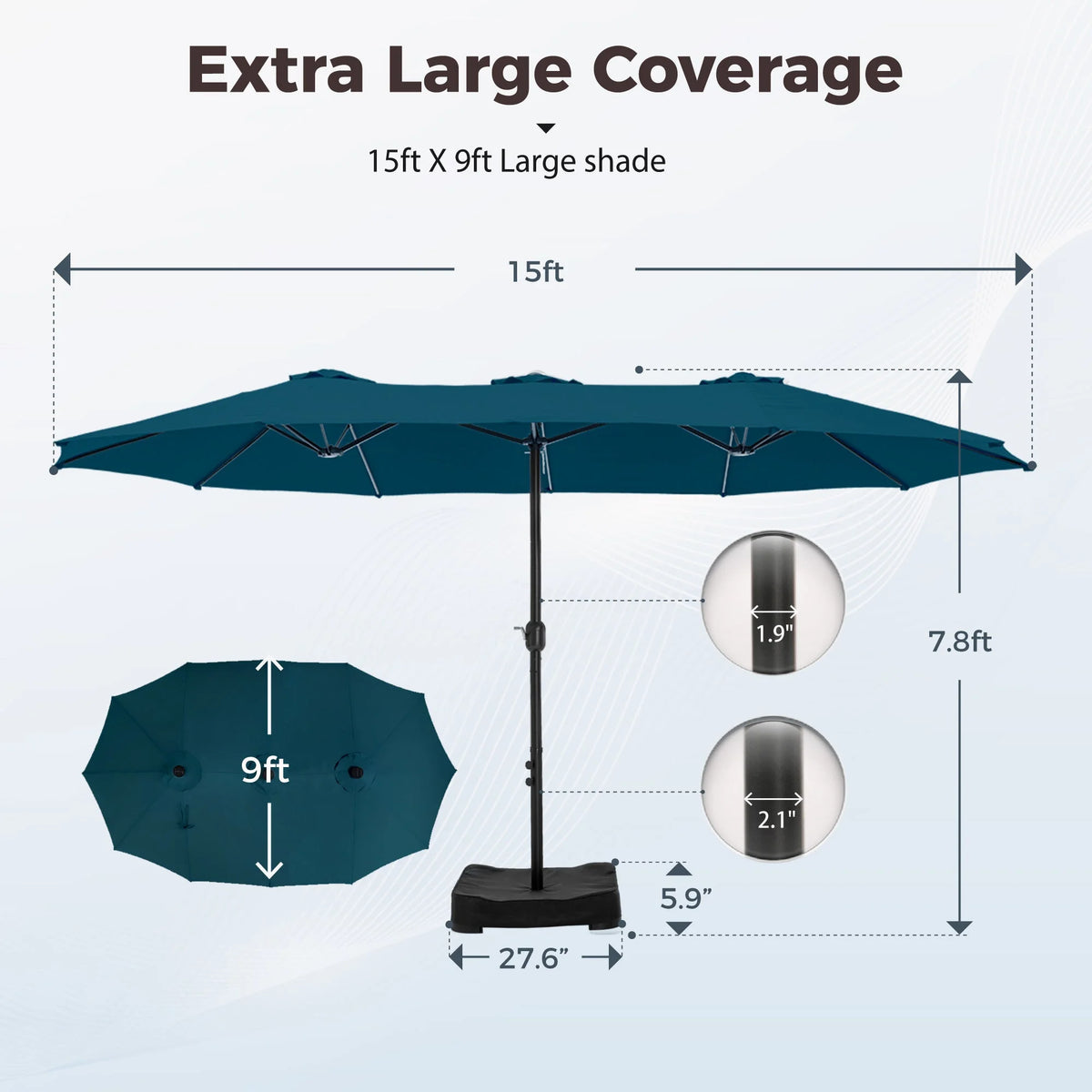 Alpha Joy 15ft Outdoor Patio Umbrella Extra-Large Double-Sided Garden Umbrella with Crank Handle and Base - Smoky Gray