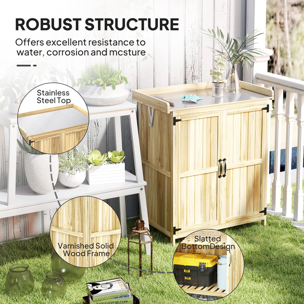 Outsunny Outdoor Garden Shed, Wooden Backyard Shed with Metal Tabletop, Shelf and 2 Doors for Patio, Lawn, Gray