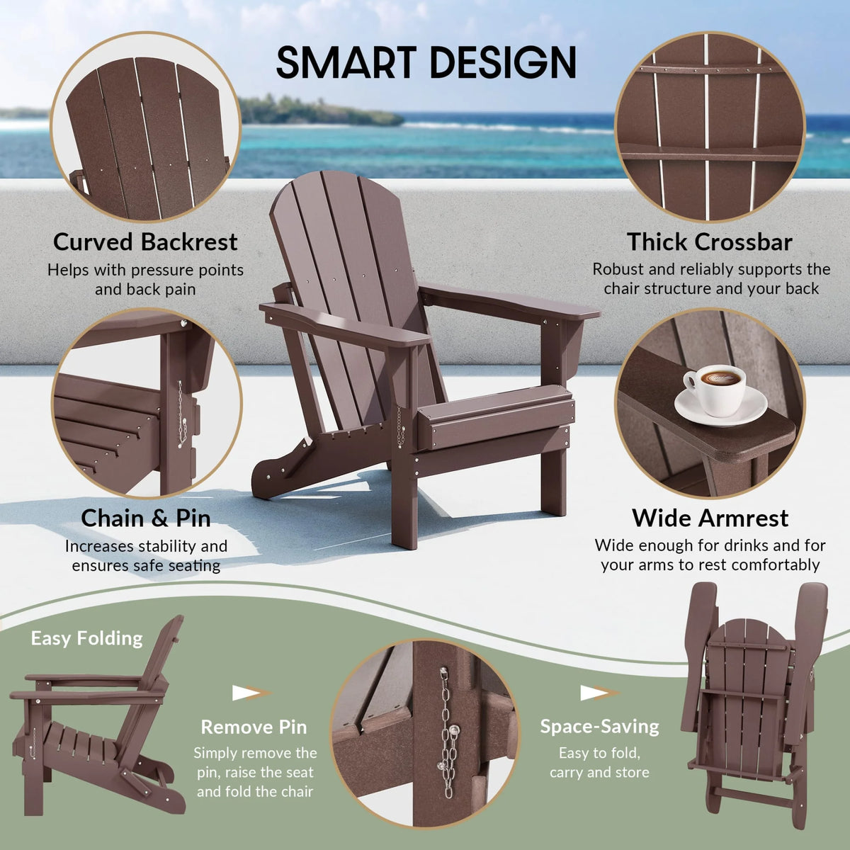 Westintrends Outdoor Folding HDPE Adirondack Chair, Patio Seat, Weather Resistant, Dark Brown