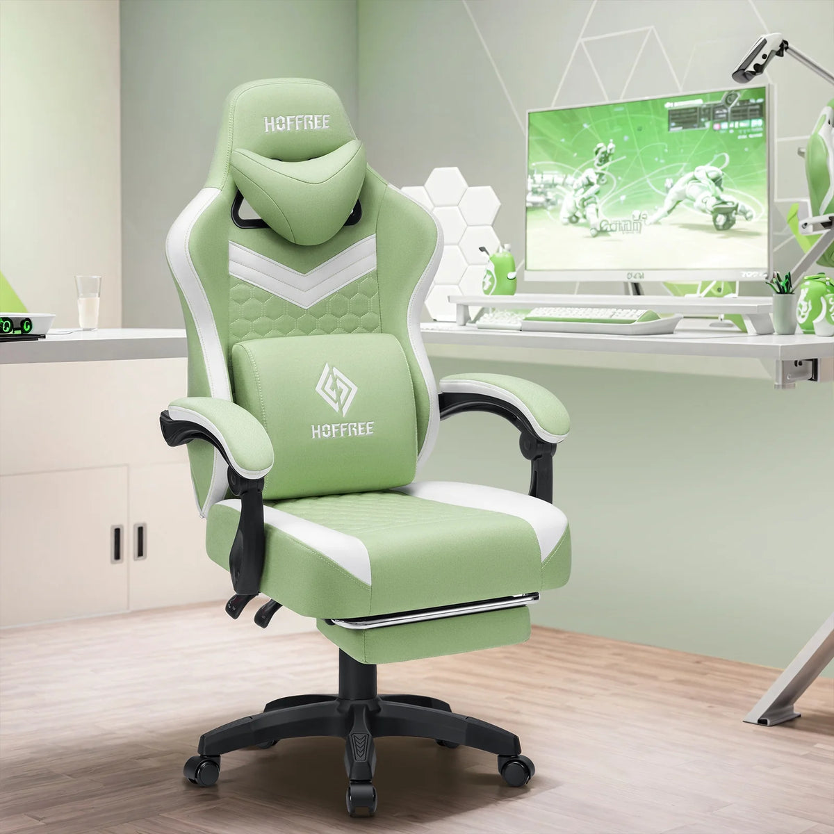 Hoffree Gaming Chair with Massage Fabric Office Chair with footrest for Adults, Ergonomic Gamer Chair with Headrest and Lumbar Support for Office Gaming, 440 LBS