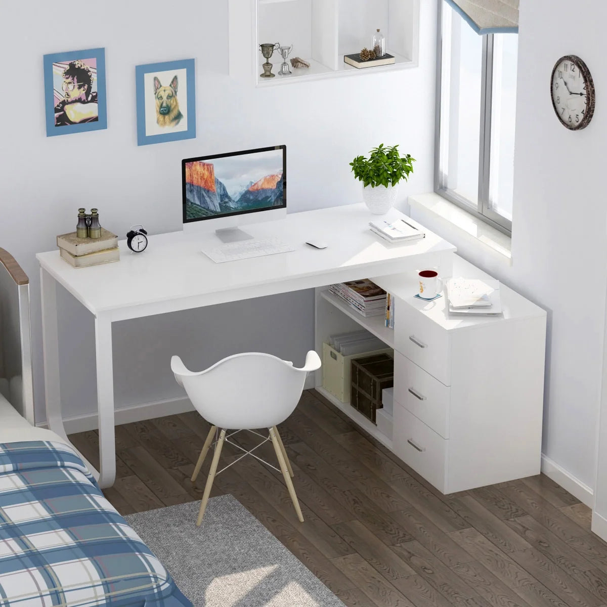 WIAWG 55" White L Shaped Desk with Storage Shelf Corner Office Writing Desk Study Workstation Table