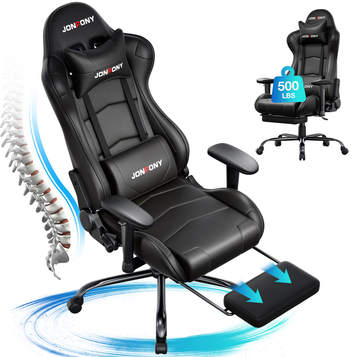 JONPONY Big and Tall 500LBS Gaming Chair, Ergonomic Design, Gamer Chair PU Leather with Footrest and Lumbar Support, High Back Office Chair Support 8 Hours Long Sitting,Red Computer Chair,Red