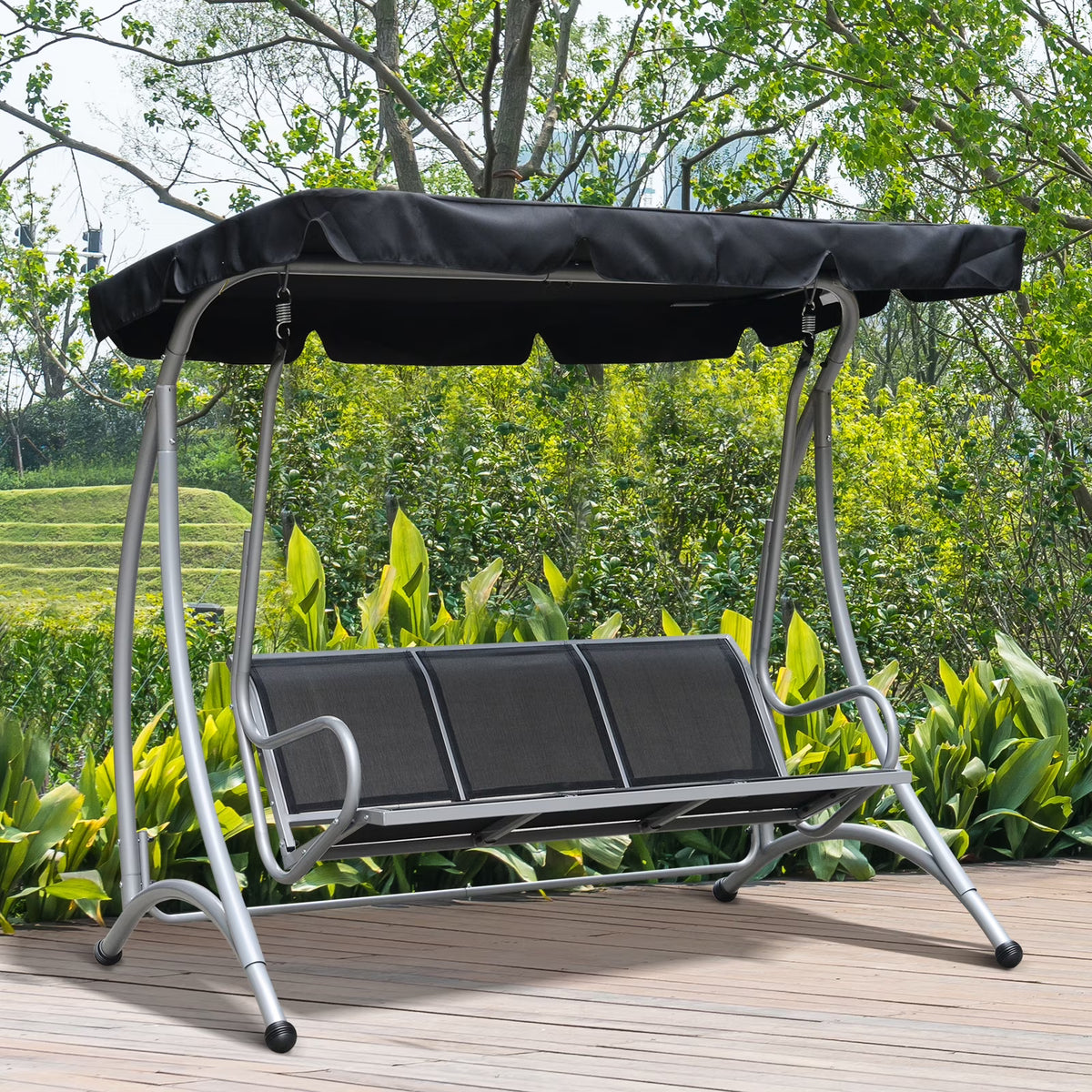 Outsunny 3 Person Patio Swing Seats, Porch Swing with Stand & Adjustable Canopy, Heavy Duty Outdoor Swing Chair Bench for Adults, Black