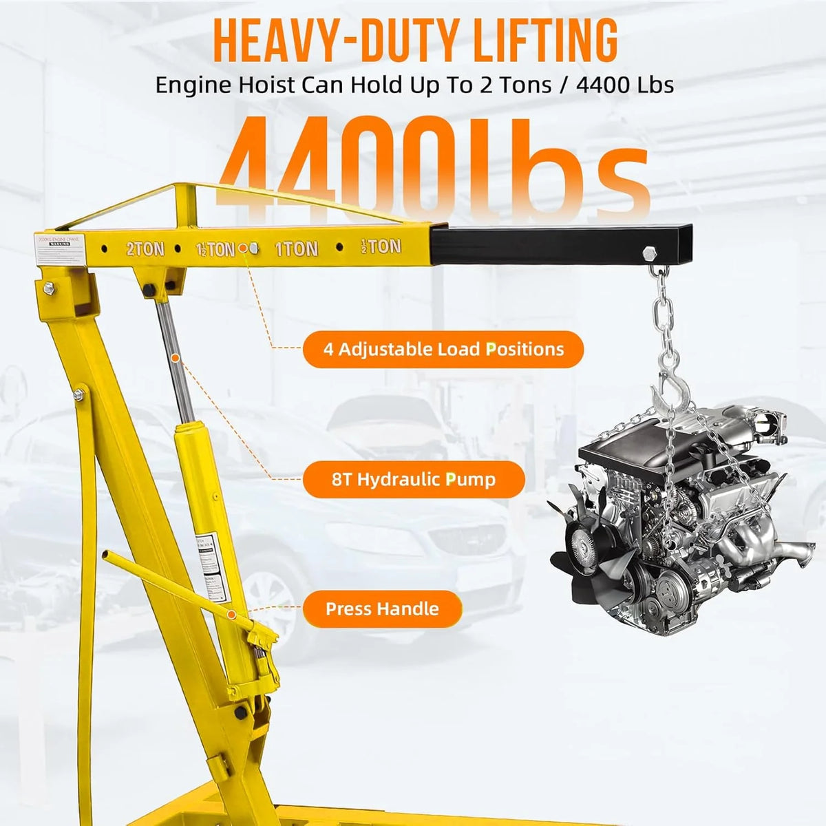 JoanKaren 2 Ton Folding Hydraulic Engine Hoist,Heavy-Duty Engine Shop Crane Hoist Lift,Heavy Cherry Picker with 6 Wheels,Yellow