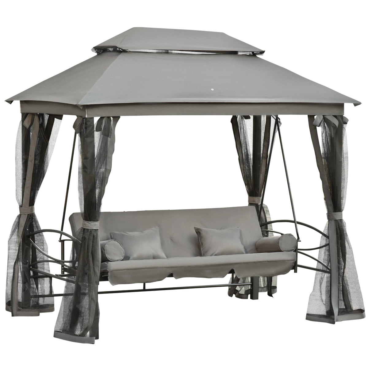 Outsunny 3 Person Patio Swing Chair, Gazebo Swing with Double Tier Canopy, Cushioned Seat, Mesh Sidewalls, gray