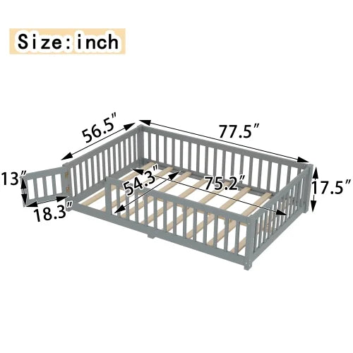 Bellemave Full Size Floor Bed with Door and Fence Floor Bed with Bed Slats Sturdy Wood Floor Bed Montessori Bed Frame (Full, Pink)