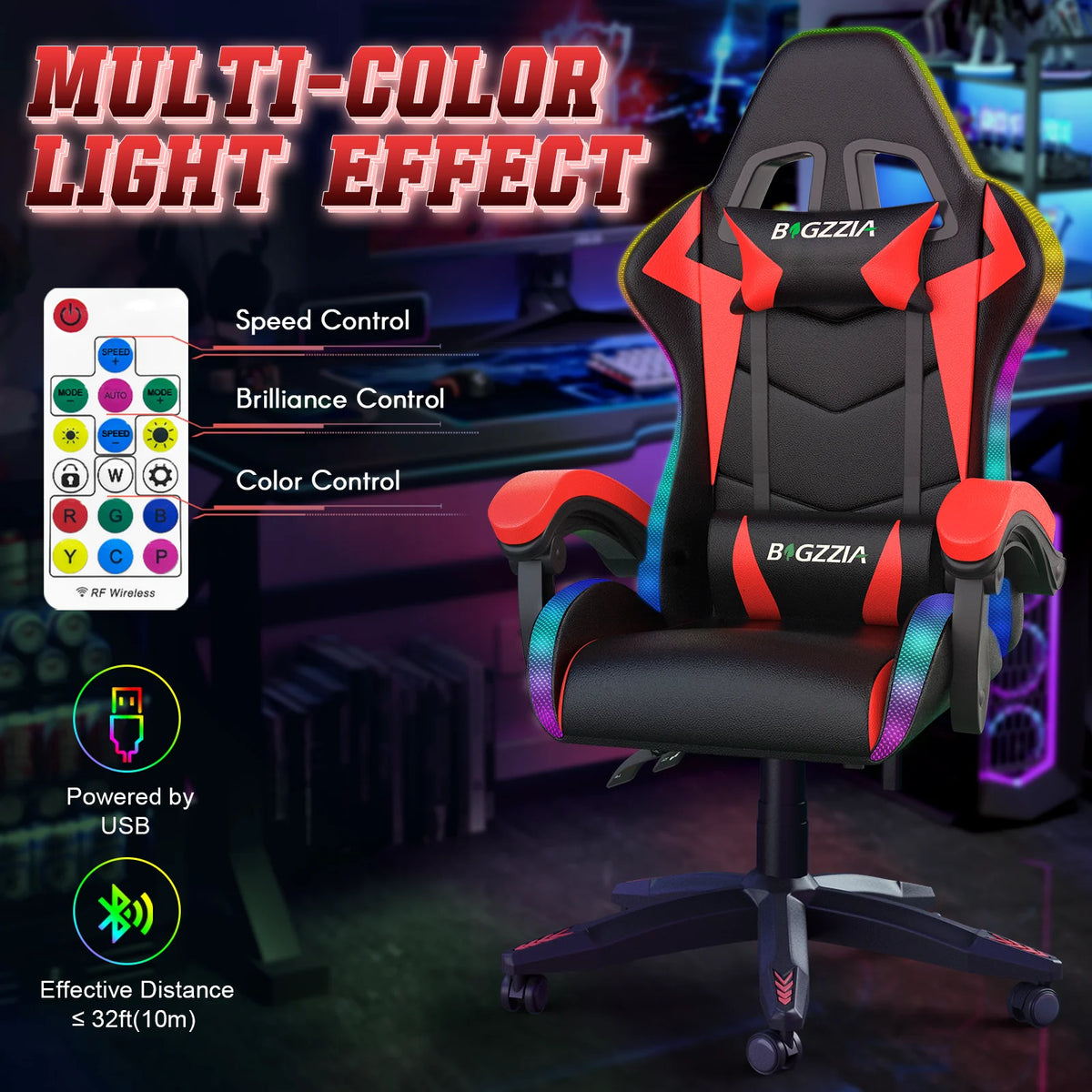 Bigzzia Gaming Chair with LED Lights Ergonomic Office Chair for Adults and Kids - Adjustable Height, 360�� Swivel, Headrest Support, Mesh PU Leather, Black & Green