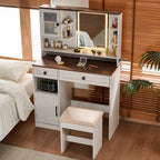 Farmhouse Makeup Vanity Desk with Mirror and Lights,Dressing Table Set with Charging Station and Stool,Drawers,Shelves and Side Cabinet,White
