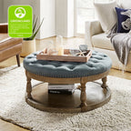 36'' Wide Blue Round Large Ottoman Tufted Coffee Table with Storage Wood Legs Home Living Room