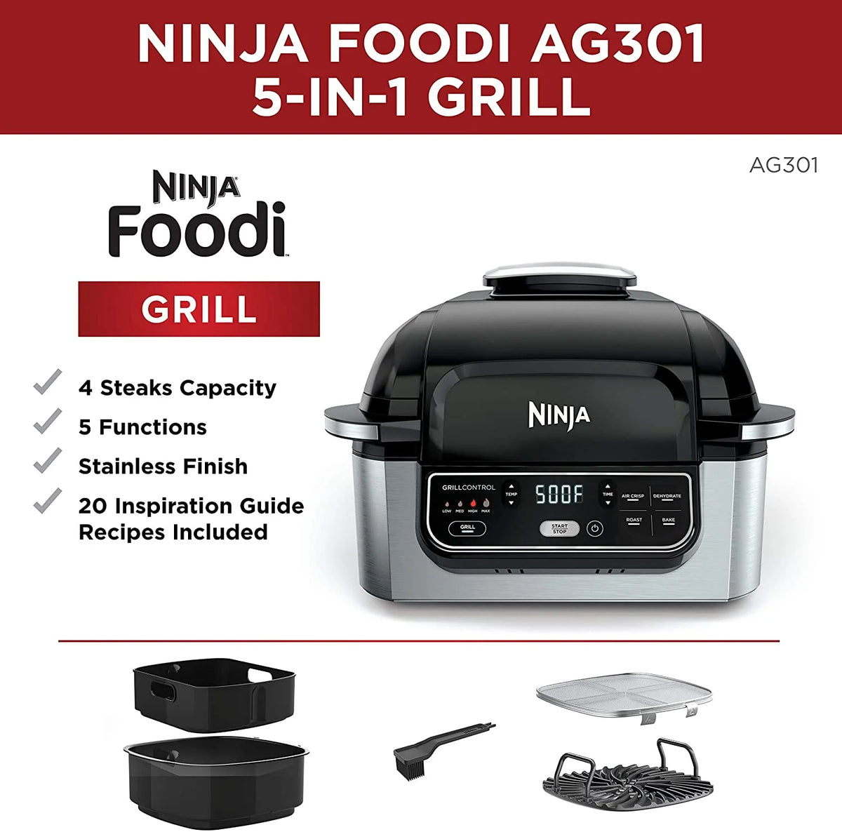 Ninja AG301 Foodi 5-in-1 Indoor Grill with 4-Quart Air Fryer