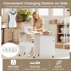 Costway Folding Sewing Table Rolling Craft Station with 3 Storage Bins & Charging Station White+natural