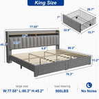 EnHomee Upholstered King Size Bed Frame with Headboard and Storage King Bed Frame with 2 Drawers,Grey