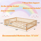 UHOMEPRO Twin Size Floor Bed with Door and Fence, Montessori Floor Bed with Slats and Safety Guardrails, Solid Wood Twin Bed Frame for Bedroom, White