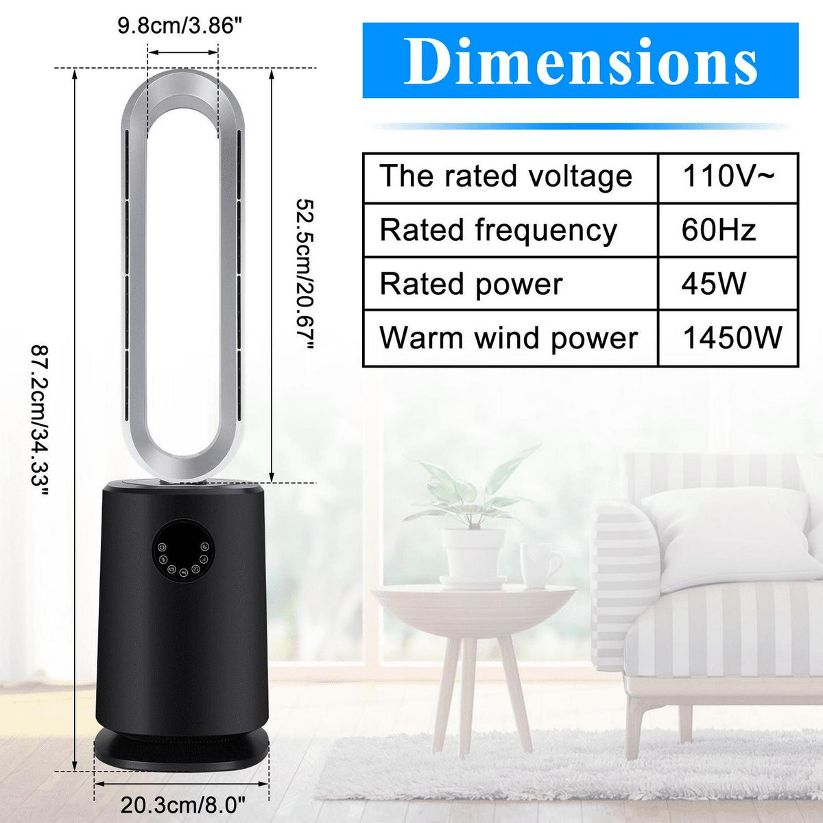 35″ Space Heater Bladeless Tower Fan. Heater &amp; Cooling Fan with Remote Control.Black