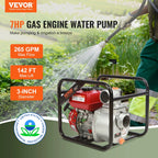 VEVOR Gasoline Engine Water Pump,3-inch, 7HP 265 GPM, 142ft Lift, 22ft Suction,4-Stroke Gas Powered Trash Water Transfer Pump Portable High Pressure with 25ft Hose for Irrigation Pool, EPA Certified