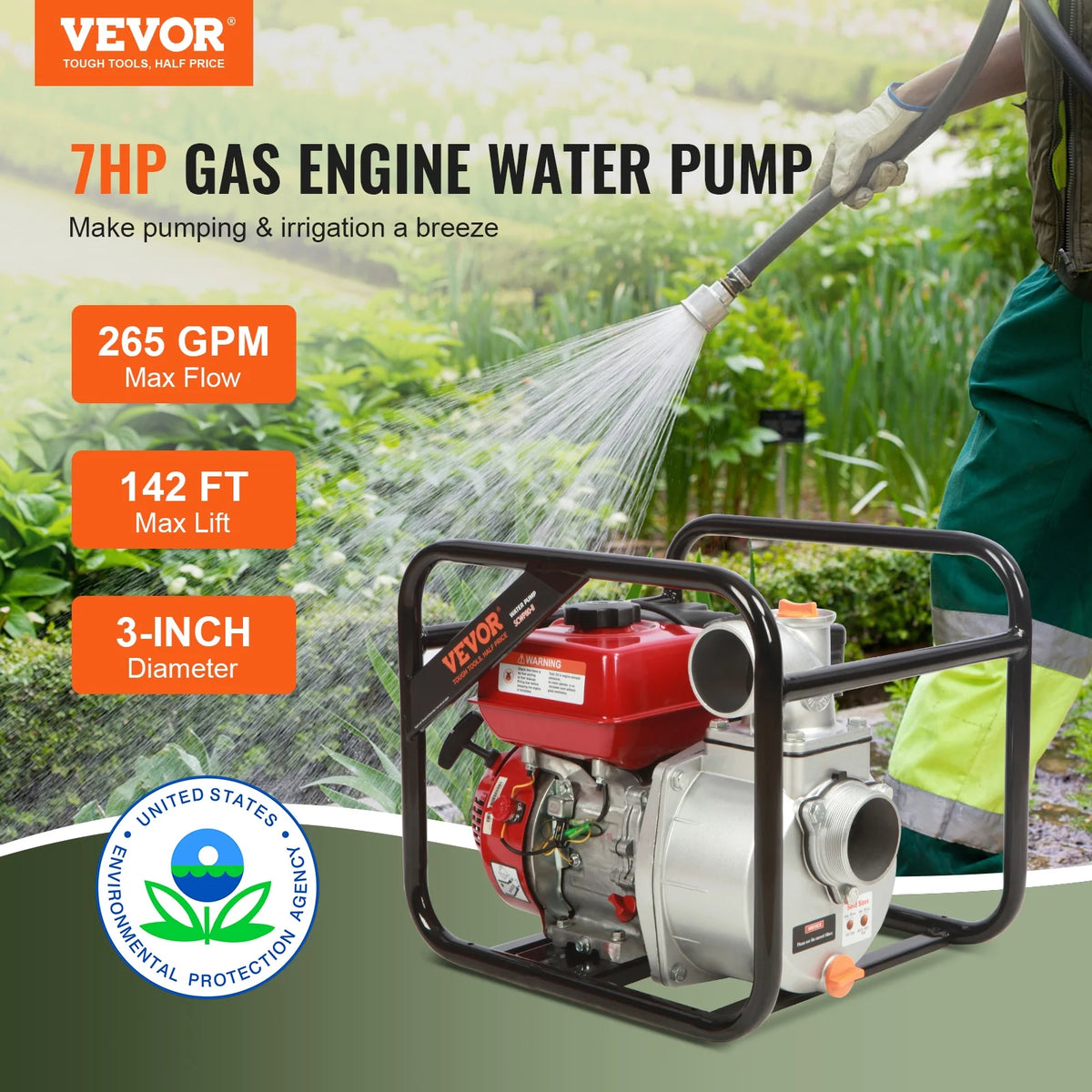 VEVOR Gasoline Engine Water Pump,3-inch, 7HP 265 GPM, 142ft Lift, 22ft Suction,4-Stroke Gas Powered Trash Water Transfer Pump Portable High Pressure with 25ft Hose for Irrigation Pool, EPA Certified