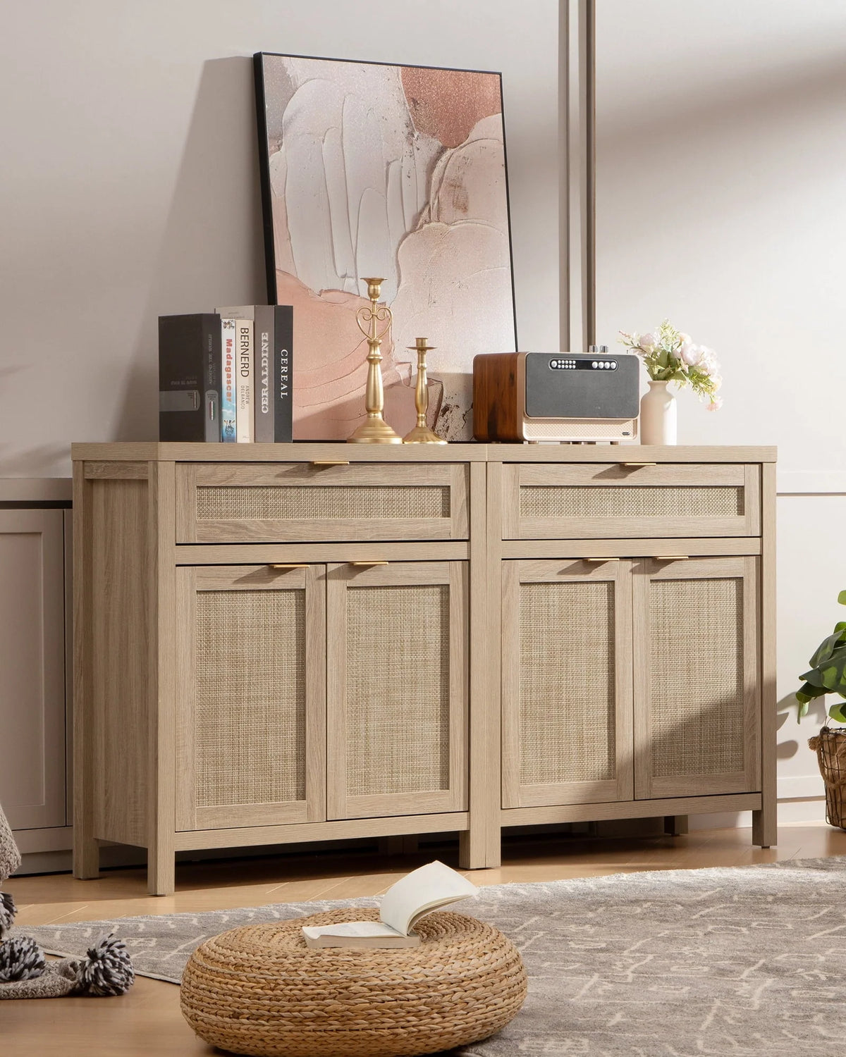 Nopurs Rattan Sideboard Buffet Cabinet Set of 2,Boho Storage Cabinet Buffet Table with Doors and Drawer,Coffee Bar Cabinet for Kitchen Entryway Living Dining Room,Light Oak