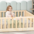 UHOMEPRO Twin Size Floor Bed with Door and Fence, Montessori Floor Bed with Slats and Safety Guardrails, Solid Wood Twin Bed Frame for Bedroom, White