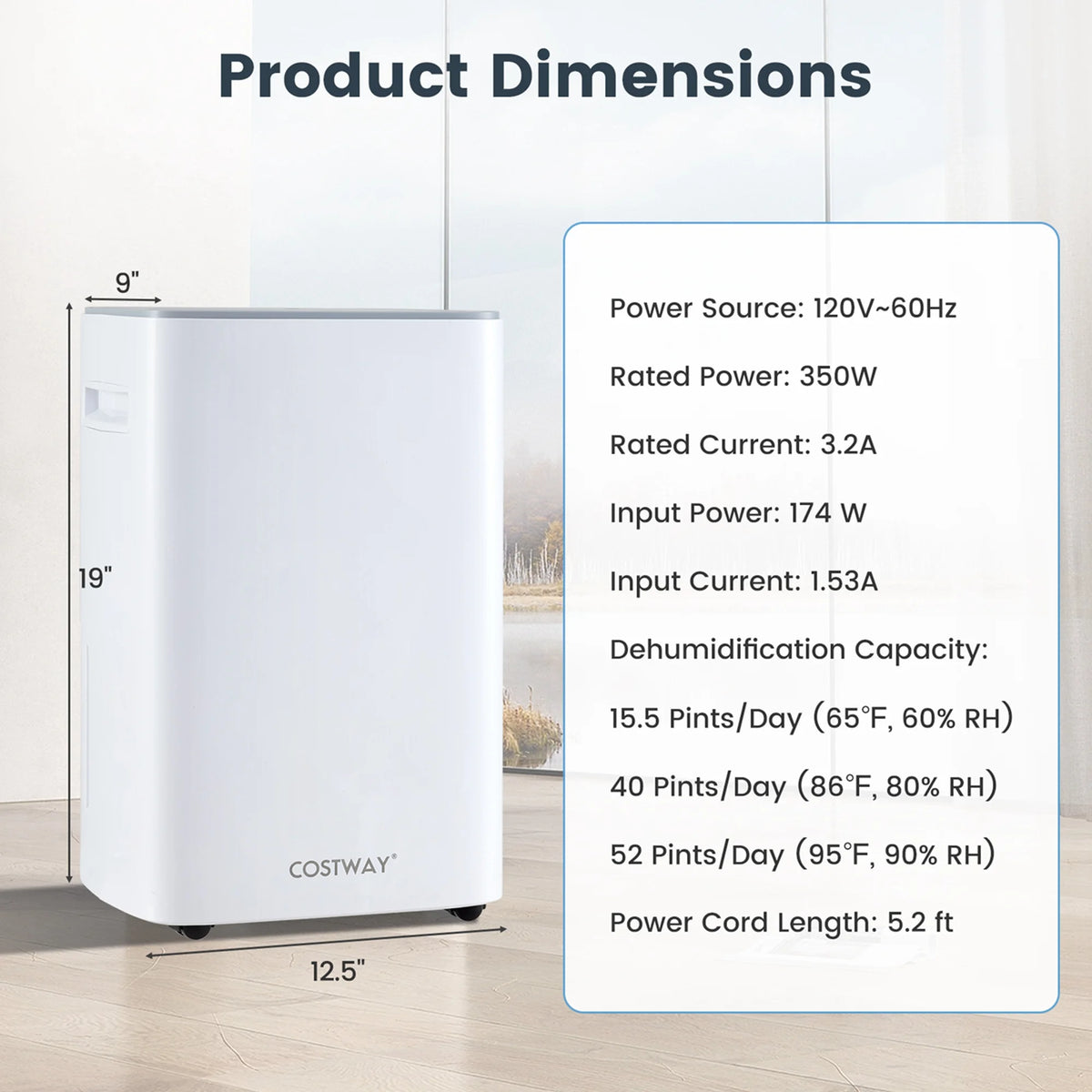 Costway 52 Pint Dehumidifier for Basement 4500 Sq. Ft Portable Dehumidifier 24H Timer